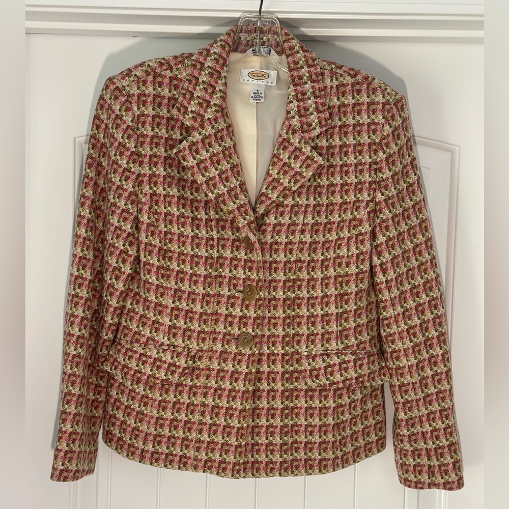 TALBOTS TWEED PINK BEIGE TAN WHITE ACCENT BUTTON UP BLAZER JACKET SIZE 4P